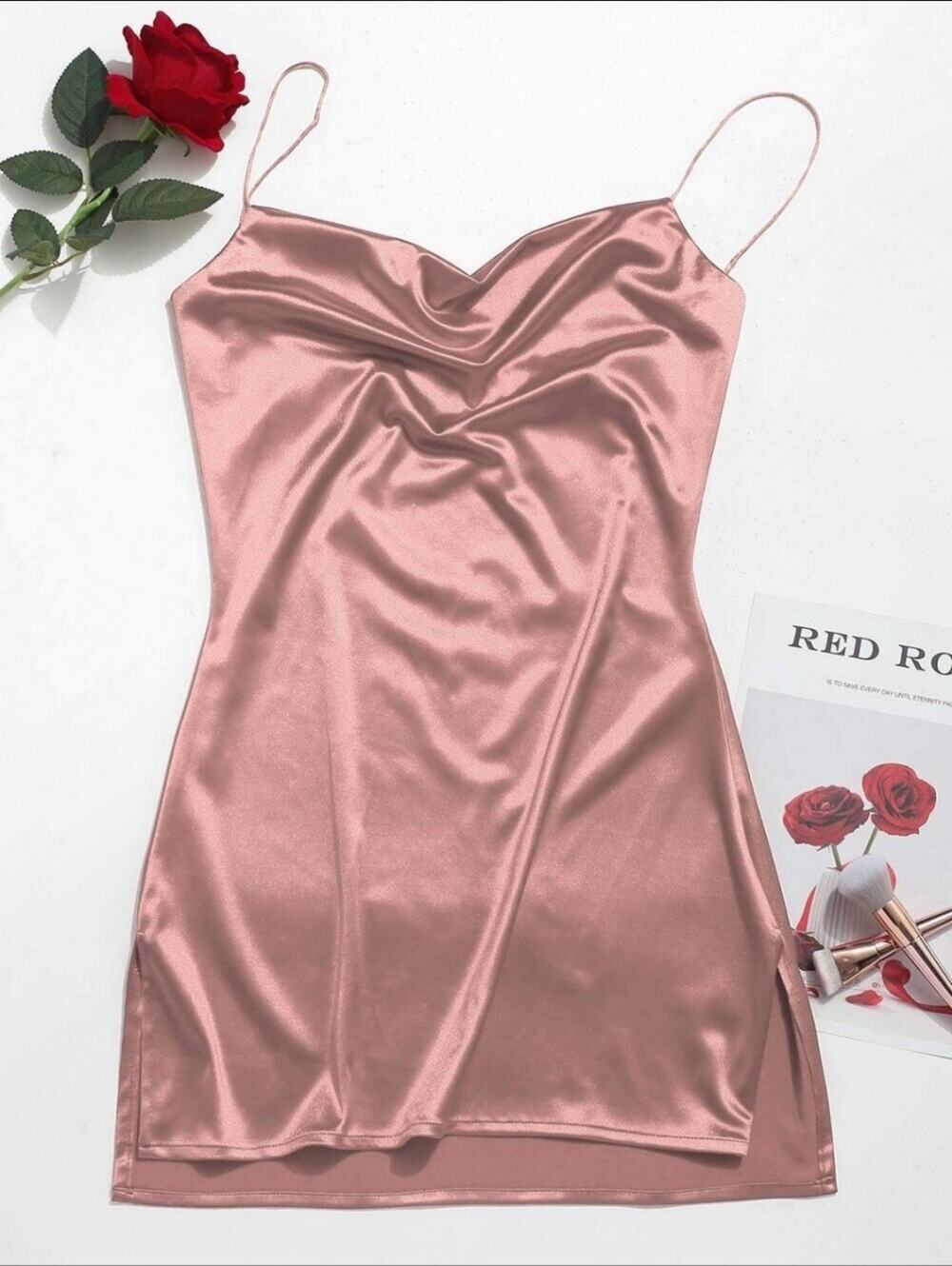 Zaful Rose Satin Cowl Neck Mini Dress small New